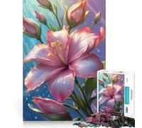 Puzzle da 1000 pezzi con fiore di ibisco rosa e gocce d'acqua per adulti, gioco di logica intelligente, silenzioso e divertente, con bordi lisci, ideale come regalo per le festività (38x26cm)