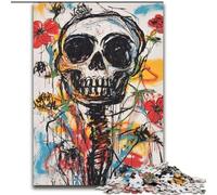 Puzzle da 1000 pezzi con fiori e teschi in stile Basquiat, giocattoli educativi e giochi per famiglie con poster abbinato e foglio di quiz (26x38cm)