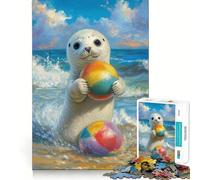 Puzzle da 1000 pezzi con foca che gioca con palloni da spiaggia per adulti, ideale per rafforzare la memoria, creare un'atmosfera piacevole e rilassante, con bordi netti (38x52cm)