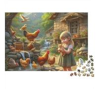 Puzzle da 1000 pezzi con gallo e ragazza che nutre i polli in un villaggio, ideale per giochi educativi per adulti. Bellissima decorazione, sfida di alta difficoltà, Dimensioni: 70x50 cm