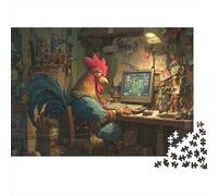 Puzzle da 1000 pezzi con gallo, raffigurante un gallo che usa il computer in camera, ideale per giochi educativi per adulti, decorazione domestica, sfida di alta difficoltà, Dimensioni: 38x26 cm