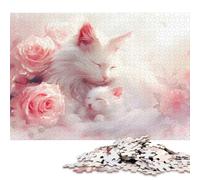 Puzzle da 1000 pezzi con gatti bianchi addormentati e rose rosa per adulti e puzzle in legno, gioco educativo per famiglie, 1000 pezzi (75x50 cm)