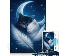 Puzzle da 1000 pezzi con gatti che dormono sulla luna con piume,perfetto per l'allenamento mentale,divertente,per il relax,ideale come regalo di Natale (38x52cm)