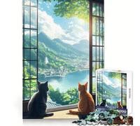Puzzle da 1000 pezzi con gatti che osservano un paesaggio giapponese,ideale per adulti,per stimolare la memoria e il benessere Un regalo creativo e piacevole (38x26cm)
