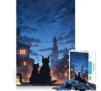 Puzzle da 1000 pezzi con gatti che osservano un paesaggio notturno cittadinoGioco di squadra perfetto,attività per la mente,divertente e rilassante,ideale come regalo di Natale (50x75cm)