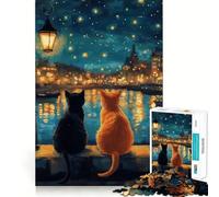 Puzzle da 1000 pezzi con gatti e paesaggio urbano notturno,taglio liscio,gioco creativo,giocattolo rilassante,regalo di Natale per il tempo libero (38x52cm)