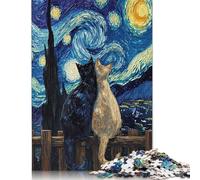 Puzzle da 1000 pezzi con gatti sotto la notte stellata, puzzle in legno, puzzle per adulti, gioco educativo, sfida giocattolo, 1000 pezzi (75x50 cm)