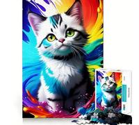 Puzzle da 1000 pezzi con gattino bianco e schizzi di vernice,gioco di concentrazione mentale senza spazi vuoti,design a incastro preciso,sfida interattiva per il cervello per la casa (50x75cm)
