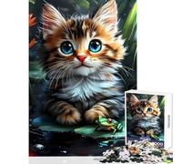 Puzzle da 1000 pezzi con gattino e rana su una ninfea giocattolo decorazione da parete regalo per compleanni gioco rompicapo con pezzi completamente incastrati di forma casuale dimensioni 38x26cm