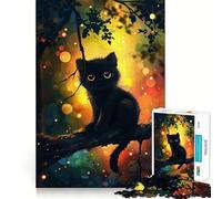 Puzzle da 1000 pezzi con gattino nero su un ramo e luci bokeh Divertimento assicurato,stimola la mente,momento di relax,regalo di Natale 38x26cm