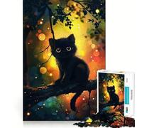 Puzzle da 1000 pezzi con gattino nero su un ramo e luci bokeh,gioco di precisione sui bordi,gioco per allenare la mente,divertimento a ritmo lento,regalo di compleanno 38x52cm