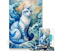 Puzzle da 1000 pezzi con gatto ad acquerello e onde,ideale per ragazzi,per un gioco divertente e stimolante,con incastri precisi e senza spazi vuoti,perfetto per una serata in famiglia (38x26cm)