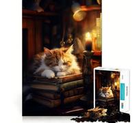 Puzzle da 1000 pezzi con gatto addormentato su libri e candela, ideale per adolescenti, gioco di logica, antistress, taglio preciso, regalo artistico 38x52cm