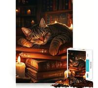 Puzzle da 1000 pezzi con gatto addormentato sui libri, ideale per adulti, gioco di logica, svago rilassante, bordi netti, regalo perfetto 50x75cm