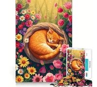 Puzzle da 1000 pezzi con gatto arancione addormentato tra i fiori, ideale per ragazzi Un rompicapo rilassante e divertente, perfetto come regalo 38x26cm