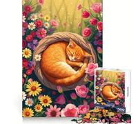 Puzzle da 1000 pezzi con gatto arancione addormentato tra i fiori, ideale per ragazzi Un rompicapo rilassante e divertente, perfetto come regalo 38x26cm
