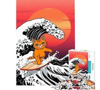 Puzzle da 1000 pezzi con gatto arancione che fa surf su un'onda gigante Gioco rilassante giocattolo avvincente per coltivare la pazienza Ottimo regalo di compleanno (dimensioni 50x75cm)