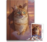 Puzzle da 1000 pezzi con gatto arancione che sbircia attraverso una porta di legno per adulti, gioco di abilità educativo interattivo, ottima idea regalo significativa, dimensioni 38x52cm