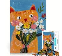Puzzle da 1000 pezzi con gatto arancione e fiori per adulti, ideale per allenare la mente, rilassare e divertirsi con l'arte, perfetto come regalo per le vacanze (38x52cm)
