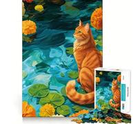 Puzzle da 1000 pezzi con gatto arancione in uno stagno di ninfee, ideale per ragazzi, per stimolare la memoria, giocare in casa, creare immagini e fare un regalo per le vacanze (38x52cm)