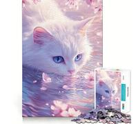 Puzzle da 1000 pezzi con gatto bianco e fiori di ciliegio per adolescenti,divertente,con pezzi di dimensioni uniformi e precisi,ideale per un'attività di gruppo rilassante al chiuso