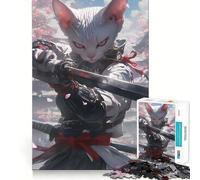 Puzzle da 1000 pezzi con gatto bianco e samurai,gioco per lo sviluppo delle capacità cognitive,superficie liscia e priva di sbavature,rilassante attività di gruppo per interni (38x26cm)