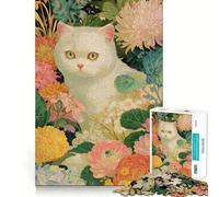 Puzzle da 1000 pezzi con gatto bianco in un giardino fiorito,ideale per ragazzi,gioco stimolante per la mente,montaggio sicuro e divertente per tutta la famiglia (50x75cm)