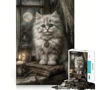 Puzzle da 1000 pezzi con gatto bianco mistico e luna piena per adulti, stimolante per la mente, ideale per momenti di relax, con bordi precisi (38x26cm)