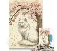 Puzzle da 1000 pezzi con gatto bianco sotto un albero di ciliegio in fiore,ideale per ragazzi,per un gioco divertente e coinvolgente,con incastri precisi e senza spazi vuoti,perfetto per una serata