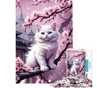 Puzzle da 1000 pezzi con gatto bianco su albero di ciliegio in fiore Sakura Aiuta a stimolare la mente è un oggetto decorativo per la casa e un giocattolo antistress adatto a partire dai 14 anni