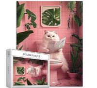 Puzzle da 1000 pezzi con gatto bianco sulla toilette, per adulti, simpatico e divertente, motivo: gatto bianco, stile nordico, decorazione per la casa, idea regalo, perfetto per serate di gioco, 50 x