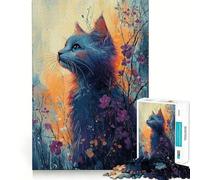 Puzzle da 1000 pezzi con gatto blu tra i fiori,disegno ritagliato con precisione,sfida intelligente e divertente,gioco per il tempo libero,regalo decorativo natalizio 50x75cm