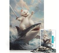Puzzle da 1000 pezzi con gatto che cavalca uno squalo,gioco di squadra perfetto,attività per la mente,divertente e rilassante,regalo di Natale (38x26cm)