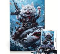 Puzzle da 1000 pezzi con gatto che cavalca uno squalo per adolescenti,ideale per l'allenamento intelligente,il tempo libero e la fuga dalla realtà,con taglio perfetto,perfetto come regalo di Natale