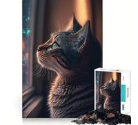 Puzzle da 1000 pezzi con gatto che guarda fuori dalla finestra,bordo pulito,decorazione,gioco cognitivo,divertimento facile,regalo di Natale (38x26cm)