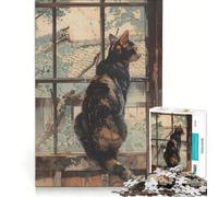 Puzzle da 1000 pezzi con gatto che guarda fuori dalla finestra, dipinto ad acquerello Giocattolo antistress, divertente e spiritoso, adatto come decorazione da scrivania 38x26cm