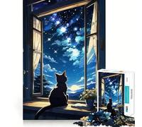 Puzzle da 1000 pezzi con gatto che guarda il cielo notturno,ritaglio preciso,decorazione,logica,gioco,calma,regalo di Natale (38x26cm)