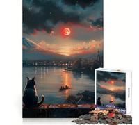 Puzzle da 1000 pezzi con gatto che guarda il tramonto sul Giappone,ideale per adolescenti,per stimolare la riflessione e creare un'attività rilassante Dimensioni compatte,perfetto come regalo 50x75cm