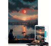 Puzzle da 1000 pezzi con gatto che guarda il tramonto sul Giappone,taglio premium,gioco creativo per stimolare la mente,momento di pace e divertimento,decorazione natalizia da parete (38x52cm)