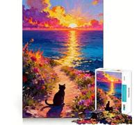 Puzzle da 1000 pezzi con gatto che guarda il tramonto sul mare,bordi lisci,gioco creativo,giocattolo per momenti di relax,regalo di compleanno divertente (38x52cm)