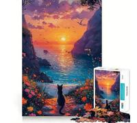 Puzzle da 1000 pezzi con gatto che guarda il tramonto sul mareGioco di logica e pensiero creativo,ideale per momenti di relax e attività per il compleanno (38x26cm)