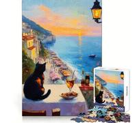 Puzzle da 1000 pezzi con gatto che guarda il tramonto sulla costa italiana,ideale per adolescenti Migliora la memoria,regala momenti di relax e rappresenta una piacevole sorpresa di compleanno 38x52cm