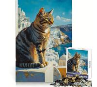 Puzzle da 1000 pezzi con gatto che guarda Santorini per adulti,gioco di logica,rilassante,per evadere dalla realtà,preciso,regalo speciale (50x75cm)