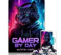 Puzzle da 1000 pezzi con gatto che indossa le cuffie per adulti e ragazzi, giocattoli educativi per l'apprendimento, giochi per famiglie con poster abbinato e foglio di quiz (38x26cm)