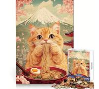 Puzzle da 1000 pezzi con gatto che mangia ramen e il Monte Fuji sullo sfondo, ideale per adolescenti Attività rilassante per il benessere mentale Incastro perfetto Regalo perfetto (38x52cm)
