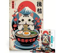 Puzzle da 1000 pezzi con gatto che mangia ramen e Monte Fuji,decorazione con bordi netti,divertente per risolvere problemi e passare del tempo in modo semplice,regalo di Natale (50x75cm)