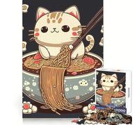 Puzzle da 1000 pezzi con gatto che mangia ramen, ideale per adulti e ragazzi Adatto per allenamento mentale, relax, bordi definiti e un pensiero natalizio (38x26cm)