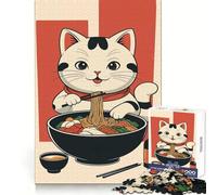 Puzzle da 1000 pezzi con gatto che mangia ramen, stimolante per la memoria, rilassante e divertente, con taglio liscio, ideale come regalo di compleanno (50x75cm)