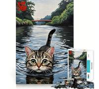 Puzzle da 1000 pezzi con gatto che nuota nel fiume,bordi lisci,gioco creativo,giocattolo per momenti di relax,regalo di compleanno divertente (38x52cm)