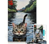 Puzzle da 1000 pezzi con gatto che nuota nel fiume,gioco creativo di alta qualità per stimolare la mente e creare un'atmosfera di pace e divertimento,decorazione natalizia da parete (38x26cm)